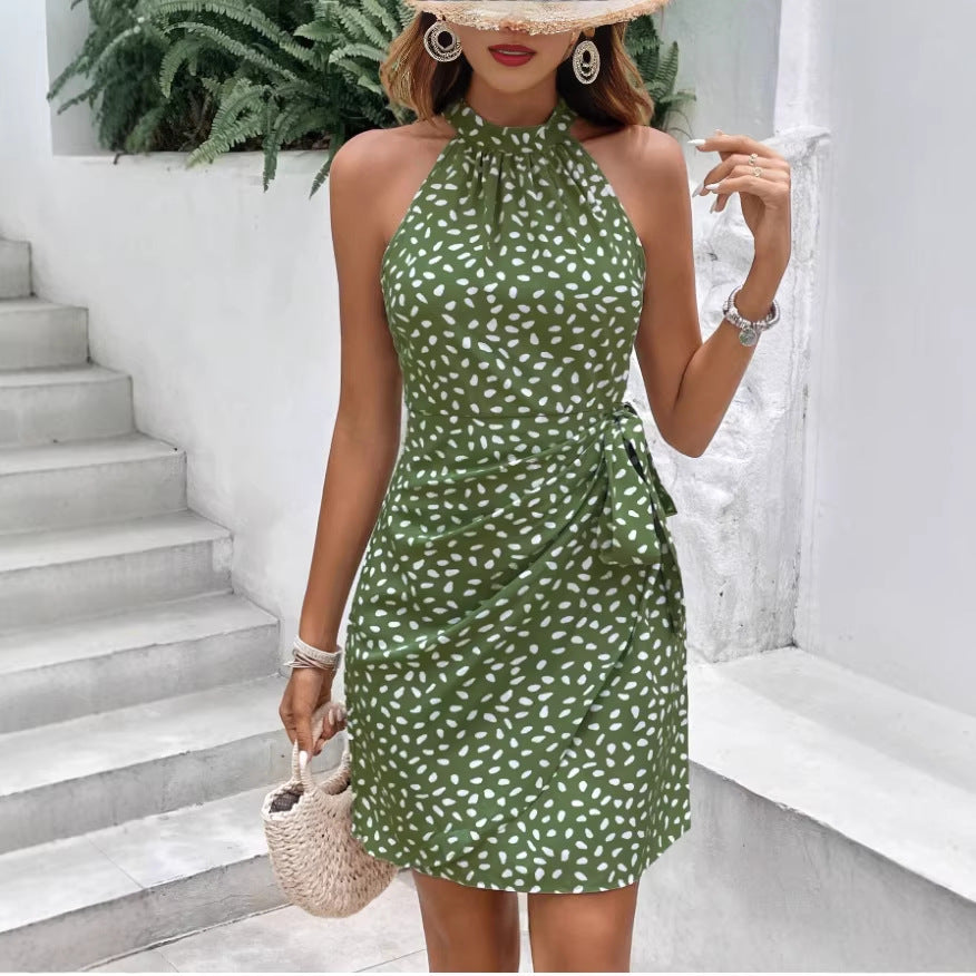 cross-border european and american style polka dot ruched dress - sleeveless halter neck dress with waist tie