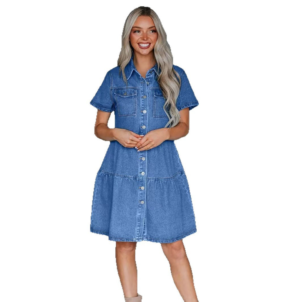 Amazon fashion independent station   fashion short sleeve multi button multi flap pocket pants skirt denim dress