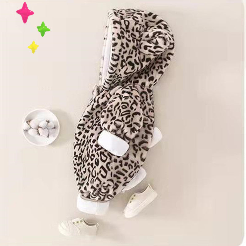 Baby romper - spring/autumn newborn outfit - cute leopard print crawling suit - 0 year old unisex baby fleece jumpsuit
