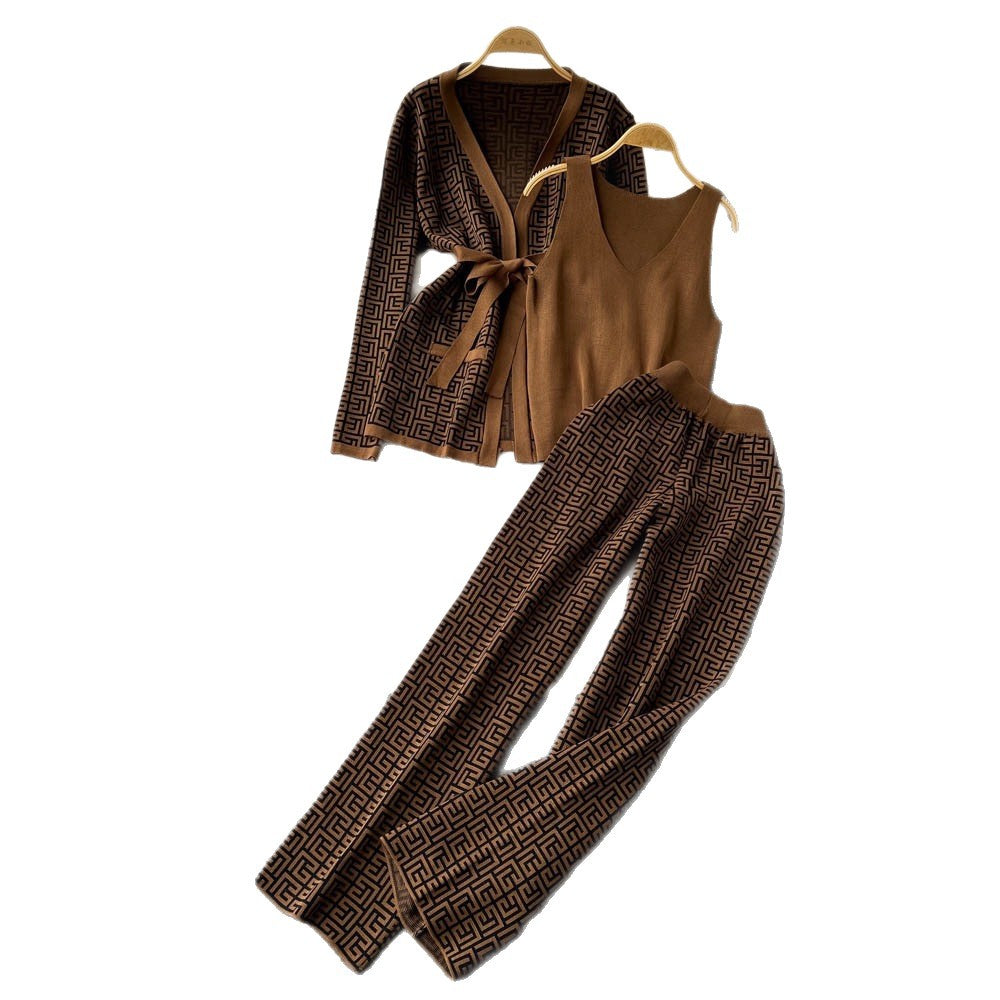 European and american chic casual set: women's shawl cardigan + v-neck knit top + wide-leg pants three-piece outfit