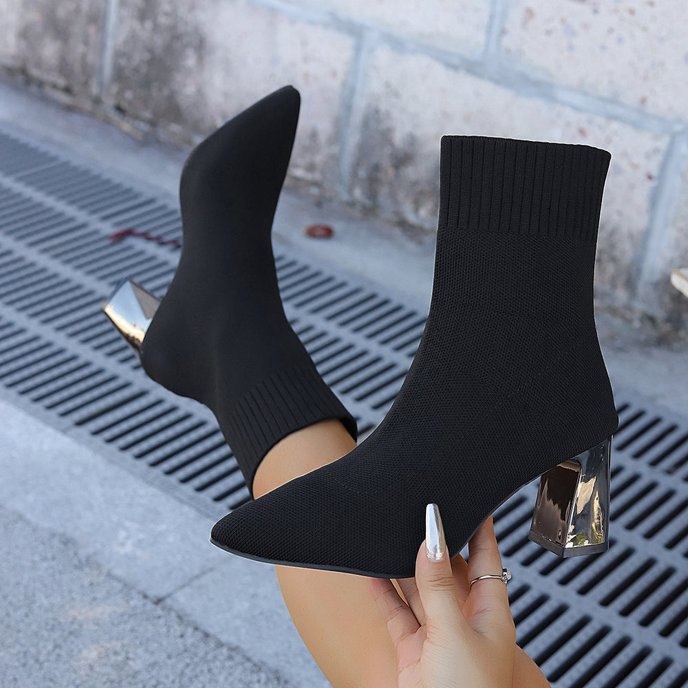 Plus sizeslimming look flying woven high-heeled fashion boots for women cross-border autumnew arrival pointed thick heel short socks boots 43