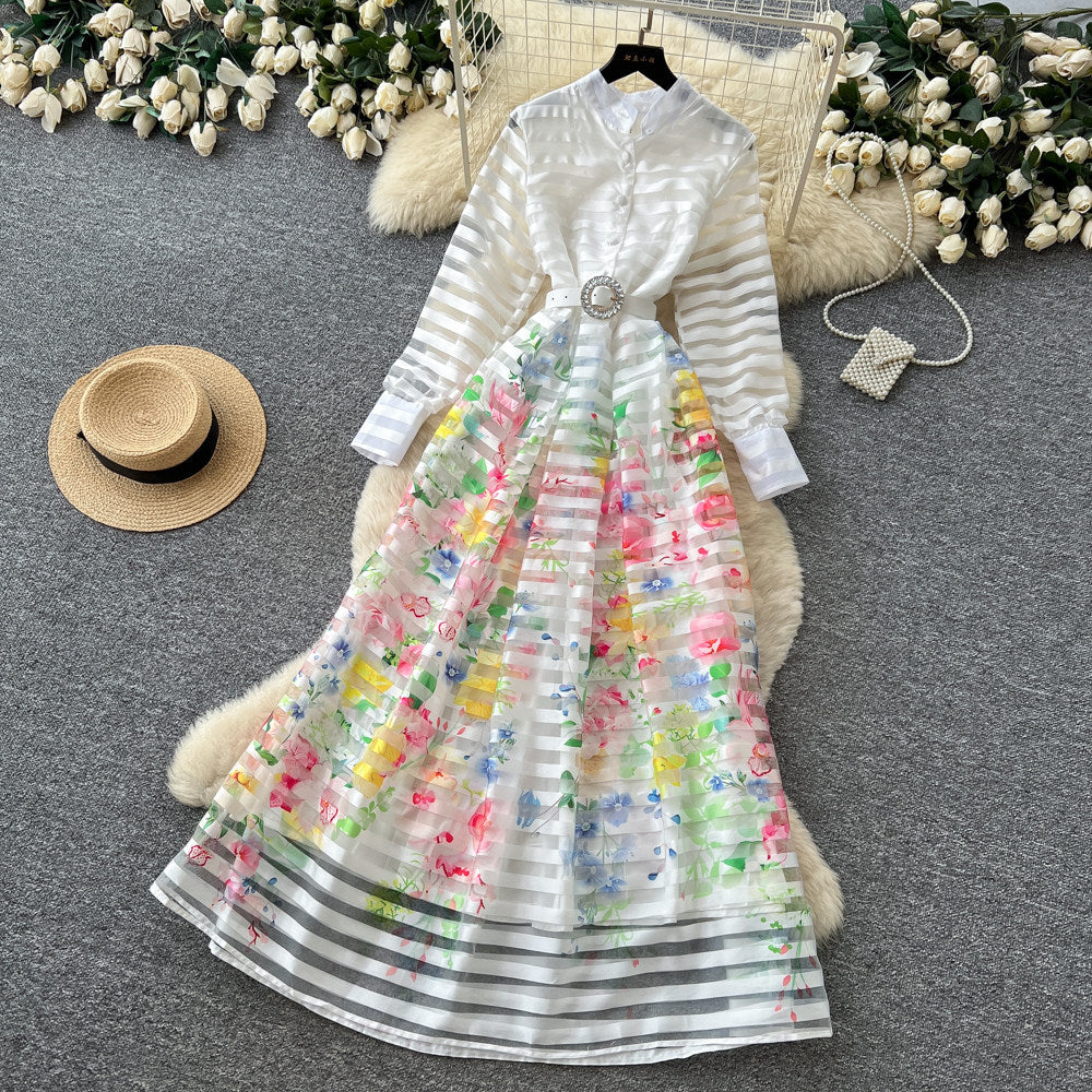 Frenchniche styleprinting stand collar long sleeves waist a-line dress female summerk-styleclassyelegant long skirt