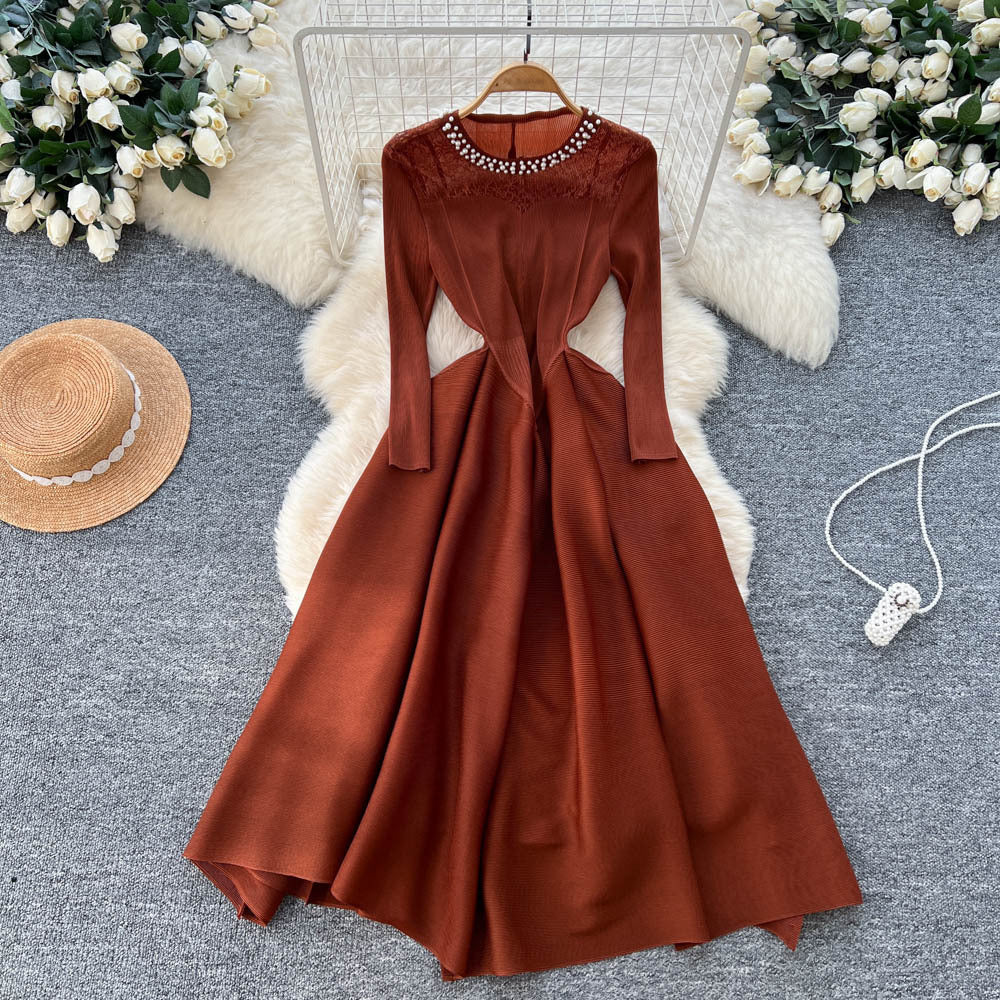 Miya european and american dress women's  autumn fashion beaded round neck long sleeve waist slimmingelegant pleated long skirt