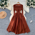 Miya european and american dress women's  autumn fashion beaded round neck long sleeve waist slimmingelegant pleated long skirt