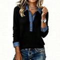Plus size women's fake two-piece shirt denim collar patchwork waffle gridsknitting long sleeves shirt supply
