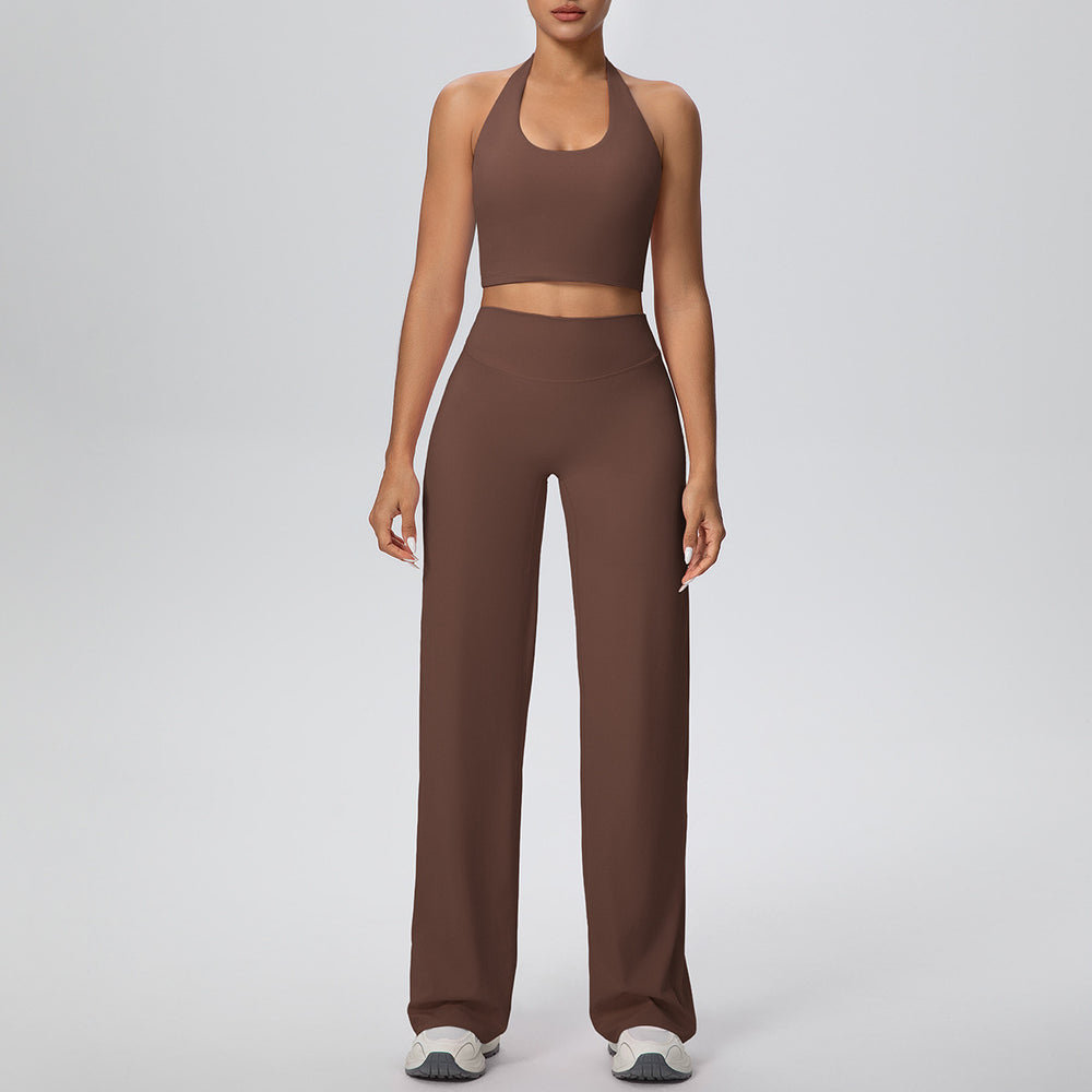 New arrival cross-border pure color double-sided brushed halter wide-leg pants yoga suit sports running fitness two-piece set for women