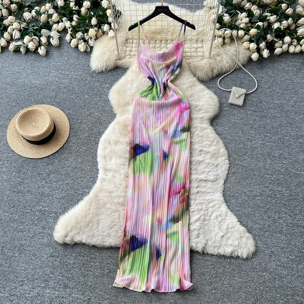 French tie-dye pleated suspender pure desire dress for women summerk-style holiday style waist long skirt dopamine outfit