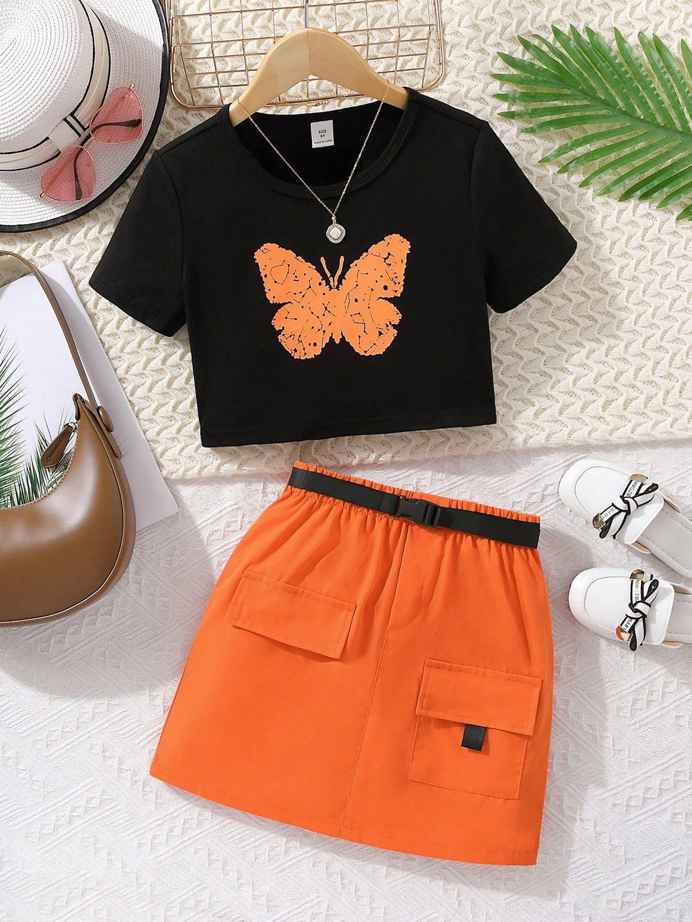 european and american style cross-border children's clothing: printed top + cargo skirt set with belt for older girls