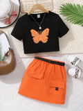 european and american style cross-border children's clothing: printed top + cargo skirt set with belt for older girls