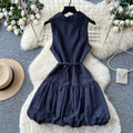 Korean style polo collar sleeveless tulip dress - women's summer bow-tie waist, elegant a-line mini dress for work and casual wear