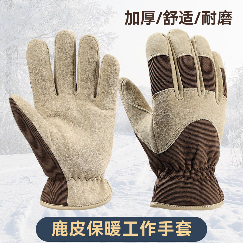 Winter deerskin warm gloves piled thickened non-slip and wear-resistant outdoor snow shoveling cold storage cold protection work gloves