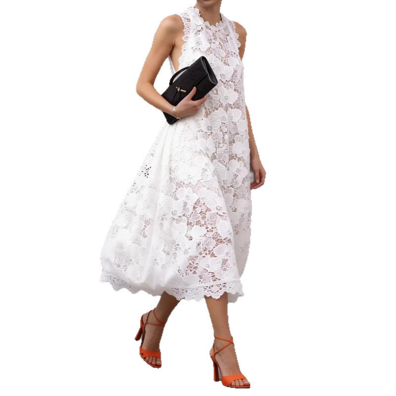 Amazon european style gentle temperament minimalist lace round neck sleeveless dress women's summer new arrival