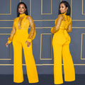 X6053 cross-border   fashion women's hollow-out see-through long sleeve pants tie-up jumpsuit