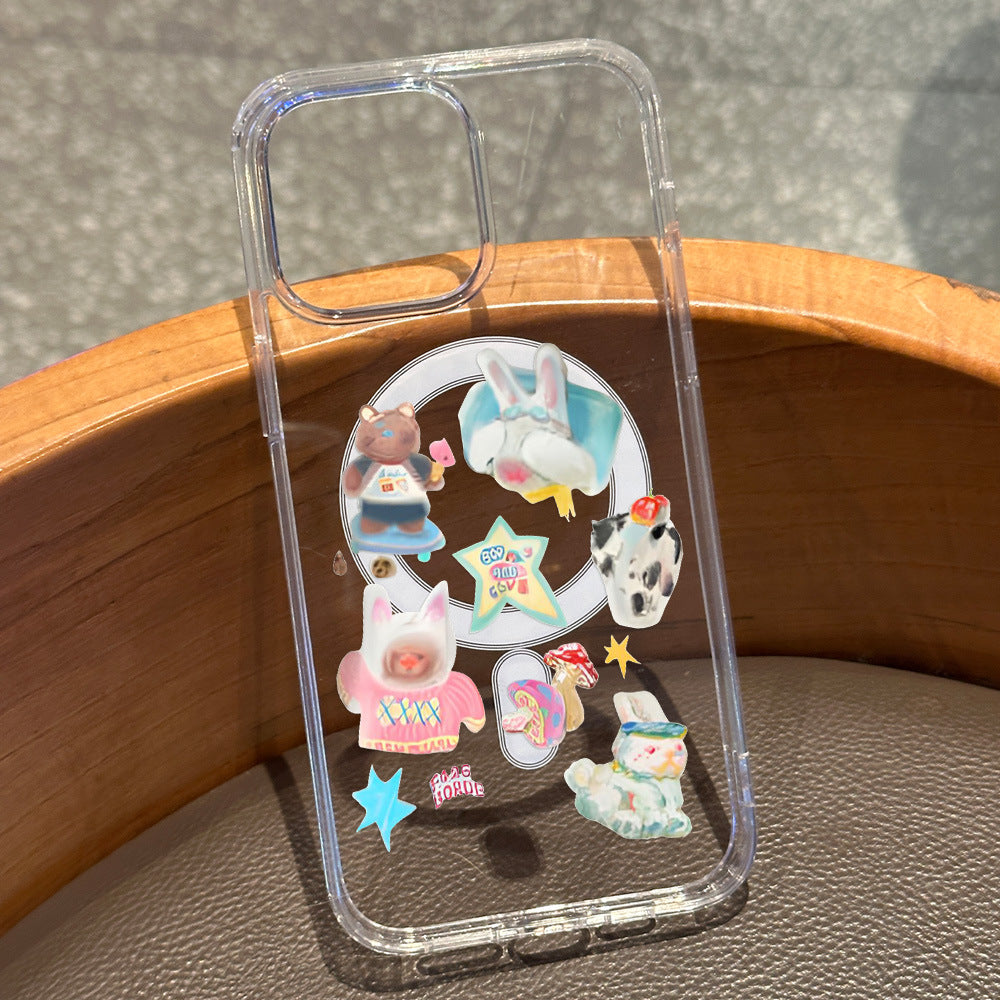 Cute rabbit & bear iphone 17 case, apple 16 magnetic shockproof high-transparency clear 15 soft case 13