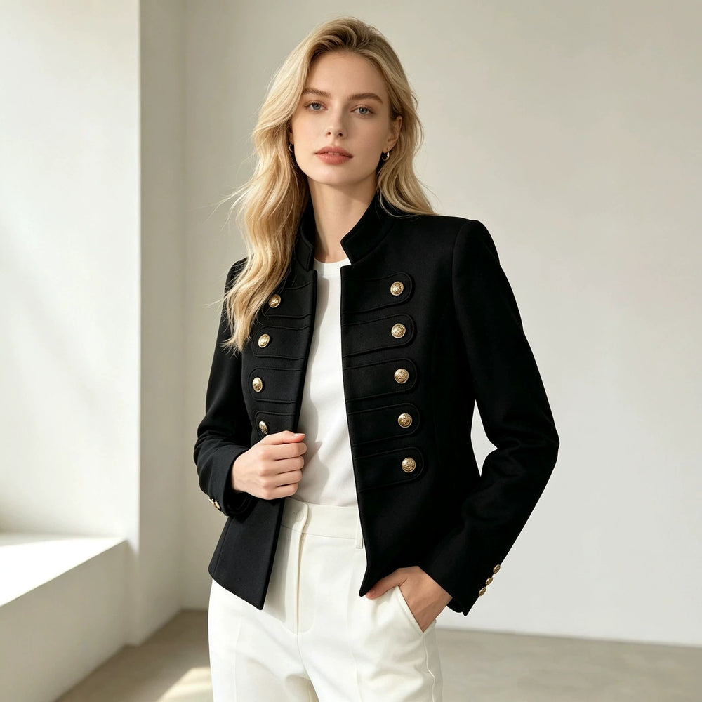 cross-border european and american style stand collar double-breasted cropped jacket - women's retro metal buckle chic commute top