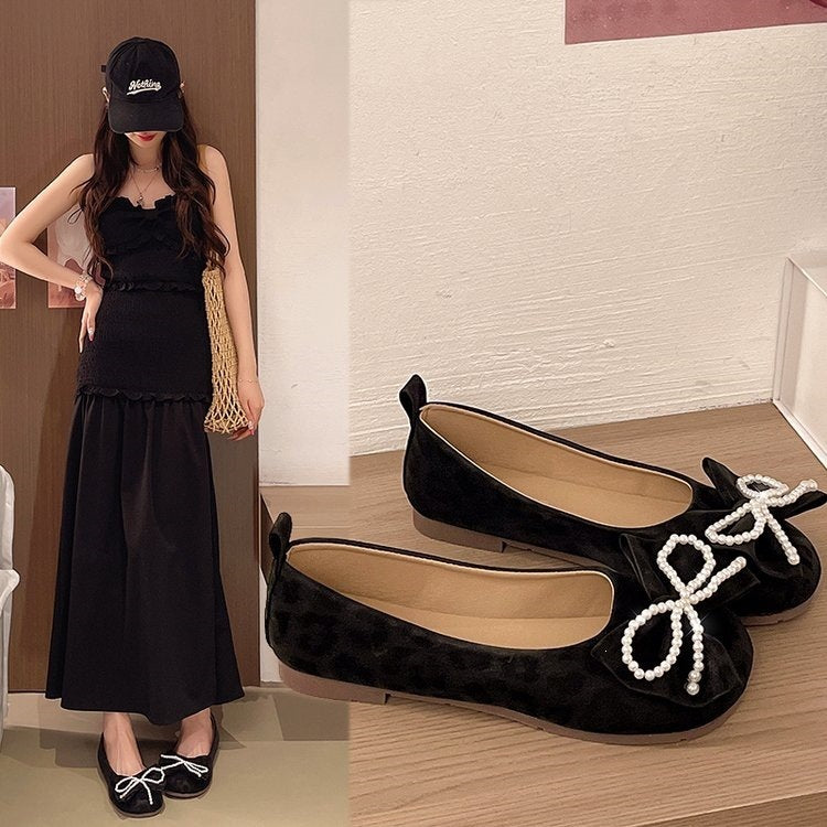 Plus sizenew arrival evening breeze pearl bows soft bottom beanie shoes women's fashion toe cap flats flats soft bottom slip-on