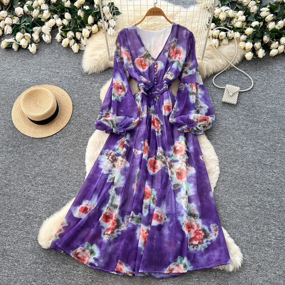 French chic floral print dress - women's v-neck puff sleeve, slimming waist, elegant maxi dress - perfect for vacation