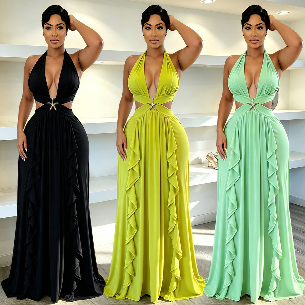 C7805 cross-border  new women's halter deep v cutout starfish ruffle maxi dress banquet evening gown