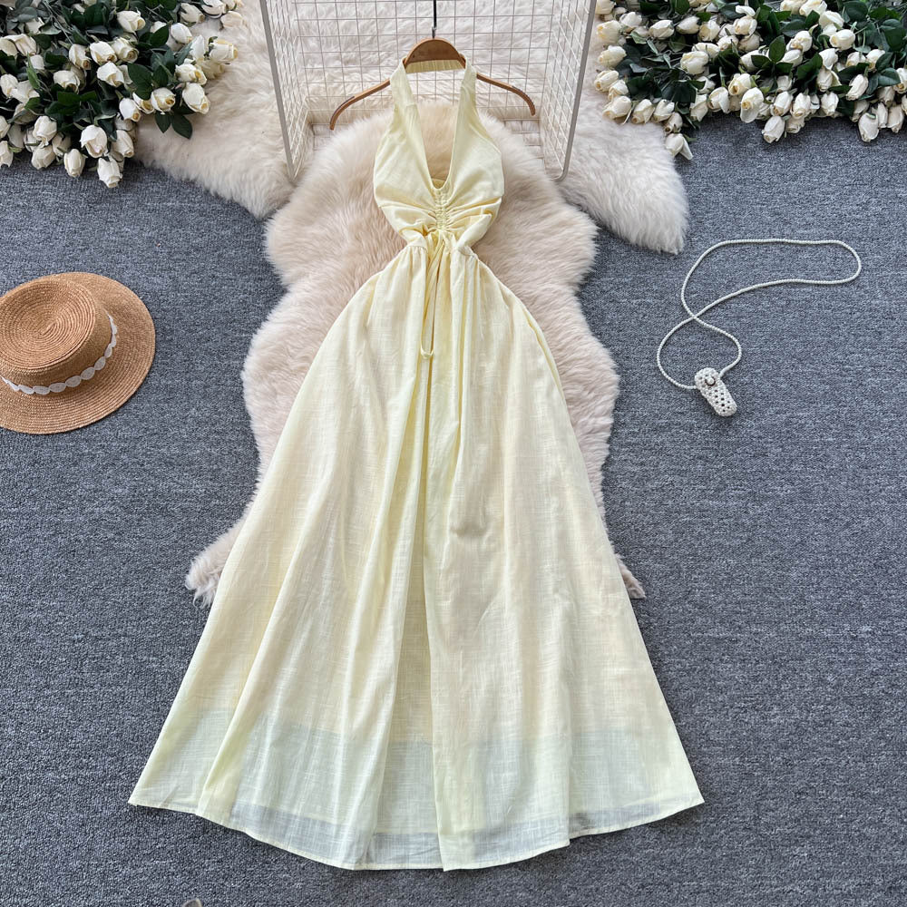 Accessible luxuryniche stylehalterdress women's summersexybacklessv necktie backwaist slimming lookholiday style long skirt