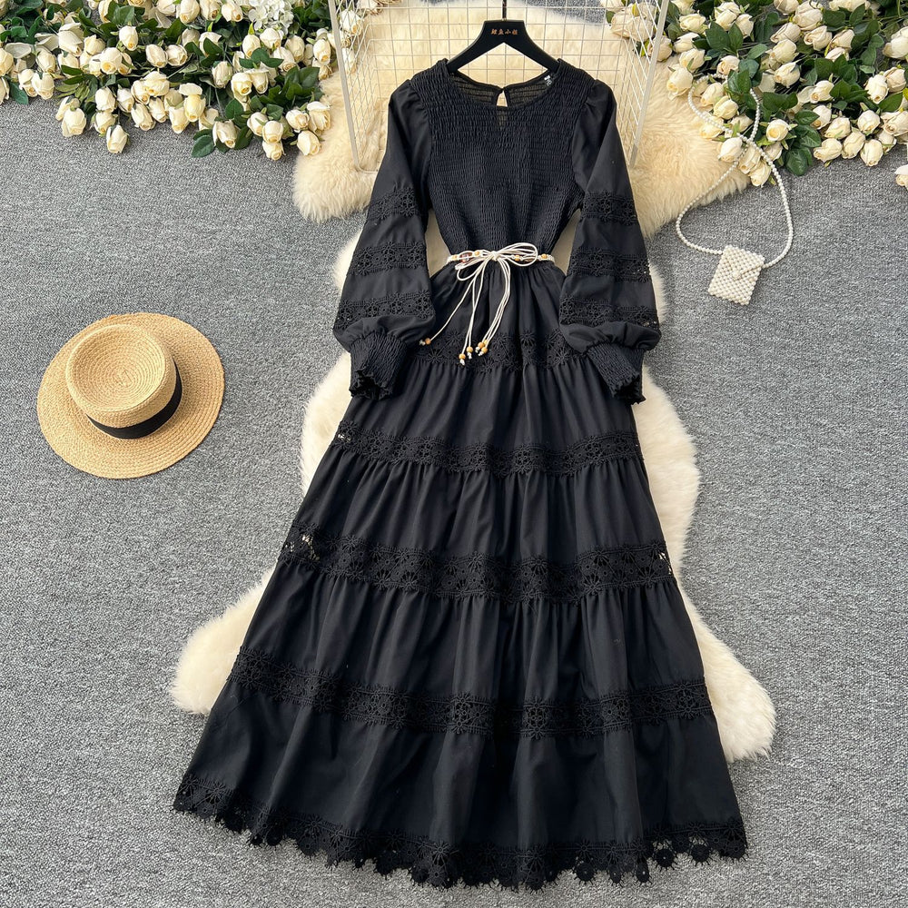 High-end elegant dress - spring  collection: french-inspired fashion with cutout lace, patchwork, cinched waist, and a flowy, vintage-style maxi skirt