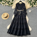 High-end elegant dress - spring  collection: french-inspired fashion with cutout lace, patchwork, cinched waist, and a flowy, vintage-style maxi skirt