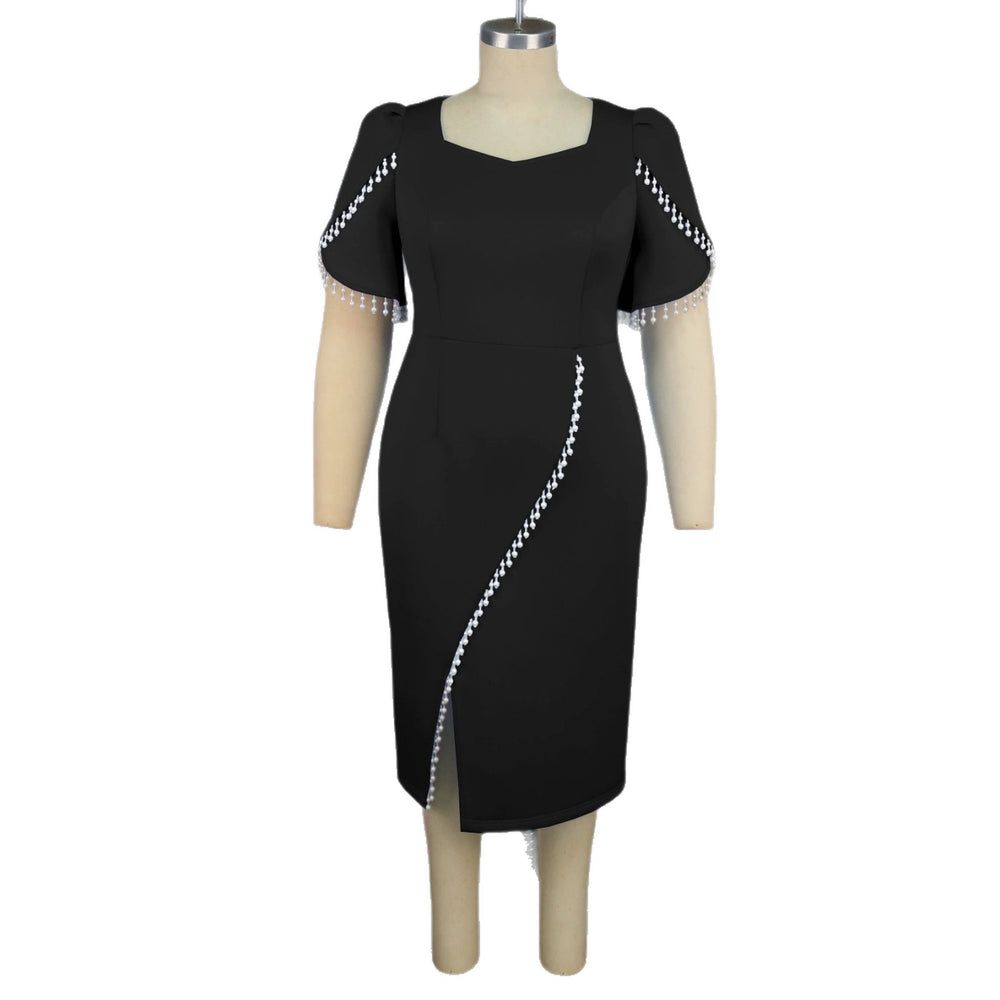 Am041040 african plus size elegant women's dress - square neck pearl detail slit midi dress