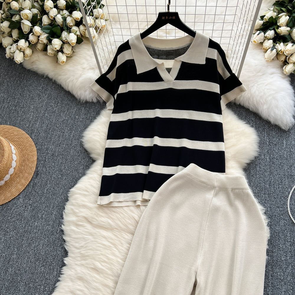 Plus size women's loungewear set: vintage striped knit top & wide-leg pants - relaxed fit, slimming two-piece casual outfit