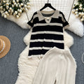 Plus size women's loungewear set: vintage striped knit top & wide-leg pants - relaxed fit, slimming two-piece casual outfit