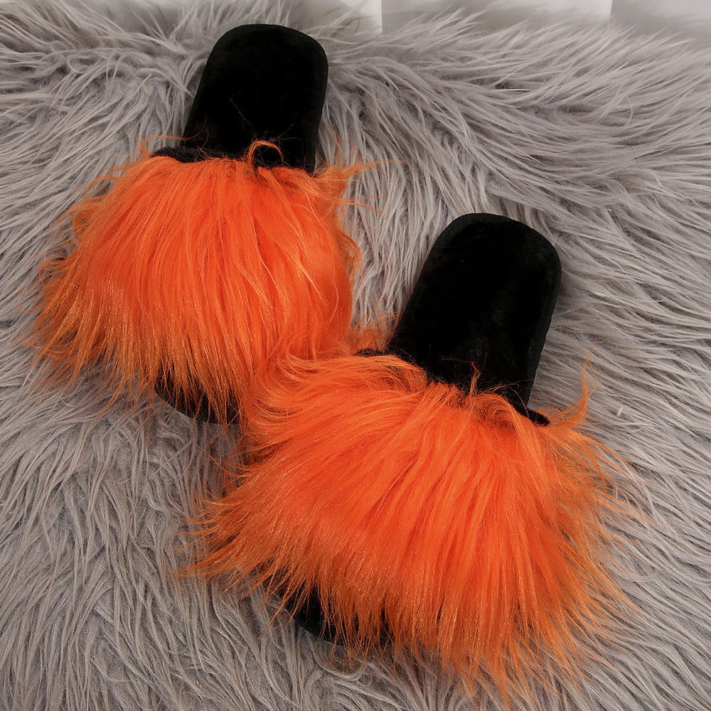 plus size open slippers women's long hair flip-flops family furry sandals thick bottom sandals heattech slippers for women