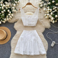 European and american hot girl hollow-out embroidered set: women's camisole bandeau crop top + high-waisted a-line midi skirt sexy two-piece outfit
