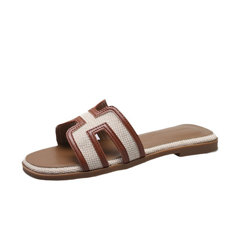 Flat bottom outer wear one-word cool slippers women's 2024 summer new travel and vacation color matching beach slippers  slippers