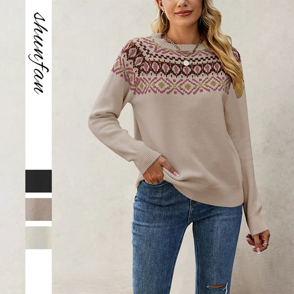 New  European and American women's knitted sweater  autumn and winter hot sale jacquard retro round neck  pullover sweater
