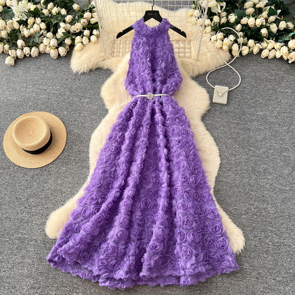 Frenchclassyfashionstereo flower halter sleeveless dress women's strappy waist slimming lookelegant large swing long skirt