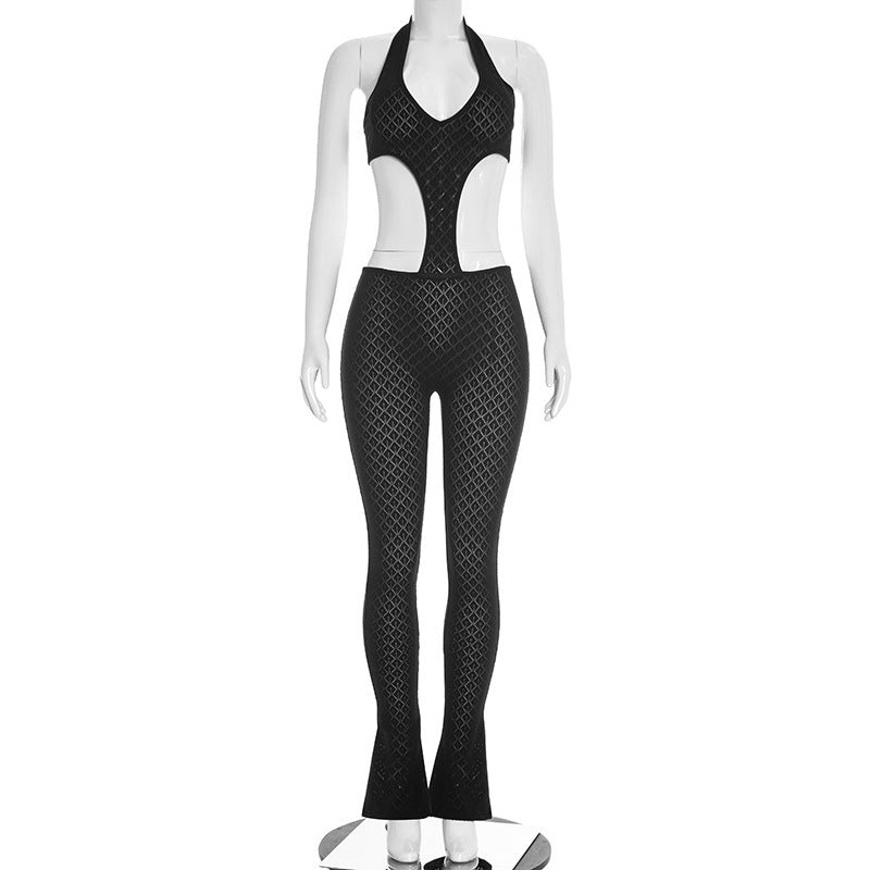 nightclub style sexy hot girl pure color see-through silmslimming lookknitting deep v jumpsuit one-piece jumpsuit