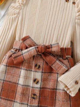 autumn new arrival: mock neck princess sleeve top + plaid skirt two-piece set