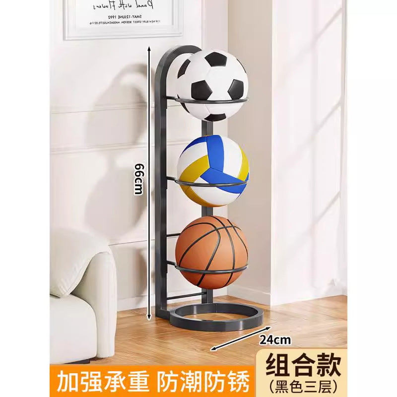 Basketball storage rack - home floor-standing foldable basketball hoop with soccer & volleyball storage - multi-tier sports ball organizer