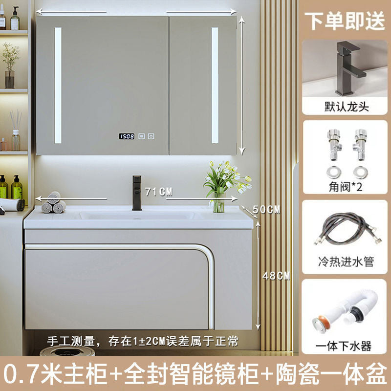 [Customized] Side storage bathroom cabinet ceramic integrated hand wash basin bathroom solid wood bathroom cabinet combination