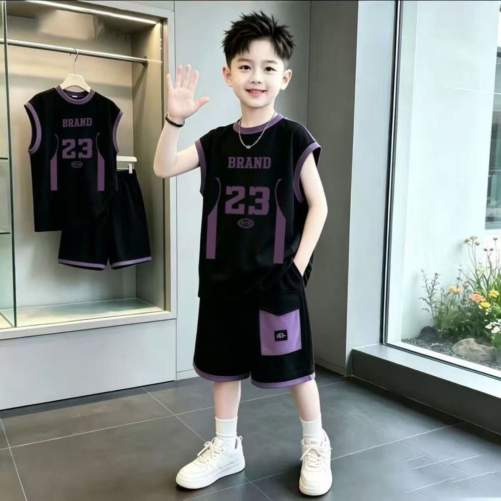 Boys' summer outfit set  new style kids sleeveless tank top clothes middle school students summer fashionable sports two-piece set