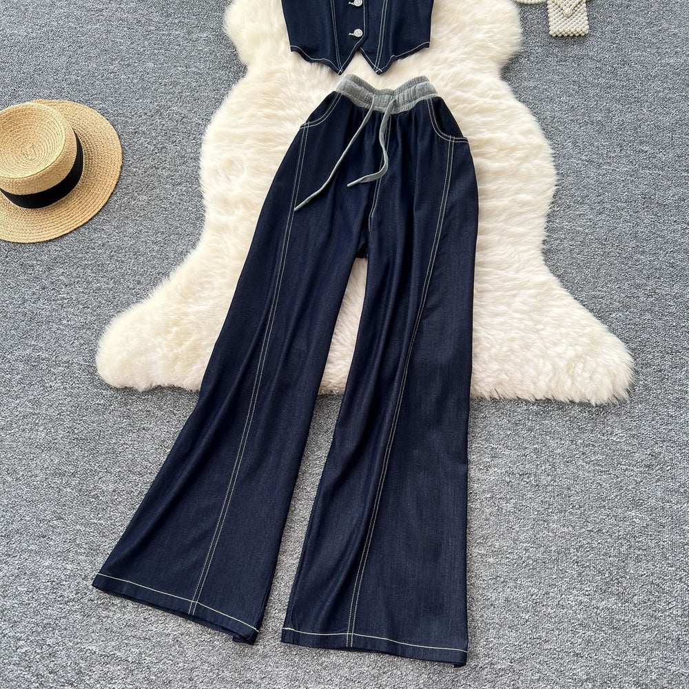 Lightly mature wear women's work clothingfashionv neck sleeveless topstitch flap pocket pants denim topshigh waistdrapedloose pantssuit