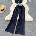 Lightly mature wear women's work clothingfashionv neck sleeveless topstitch flap pocket pants denim topshigh waistdrapedloose pantssuit