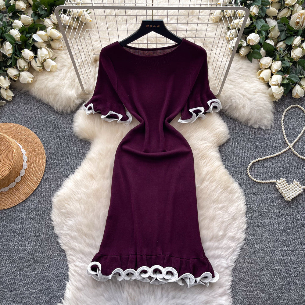 Korean style commute ruffle knit dress - women's  summer high-waisted slimming a-line dress - elegant and high-end