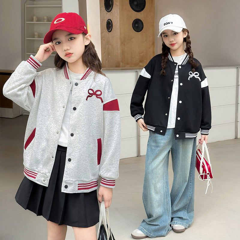 Girls' baseball jacket -  spring/autumn new collection - stylish and versatile crew neck jacket for mid-to-large children - autumn apparel