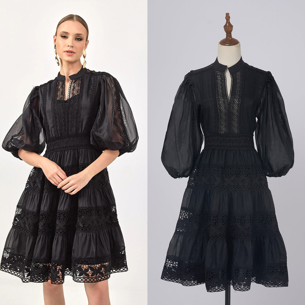 export solid color organza dress with semi-open collar, lantern sleeves, mid-sleeve, lace patchwork, and cinched waist mini dress