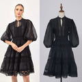 export solid color organza dress with semi-open collar, lantern sleeves, mid-sleeve, lace patchwork, and cinched waist mini dress