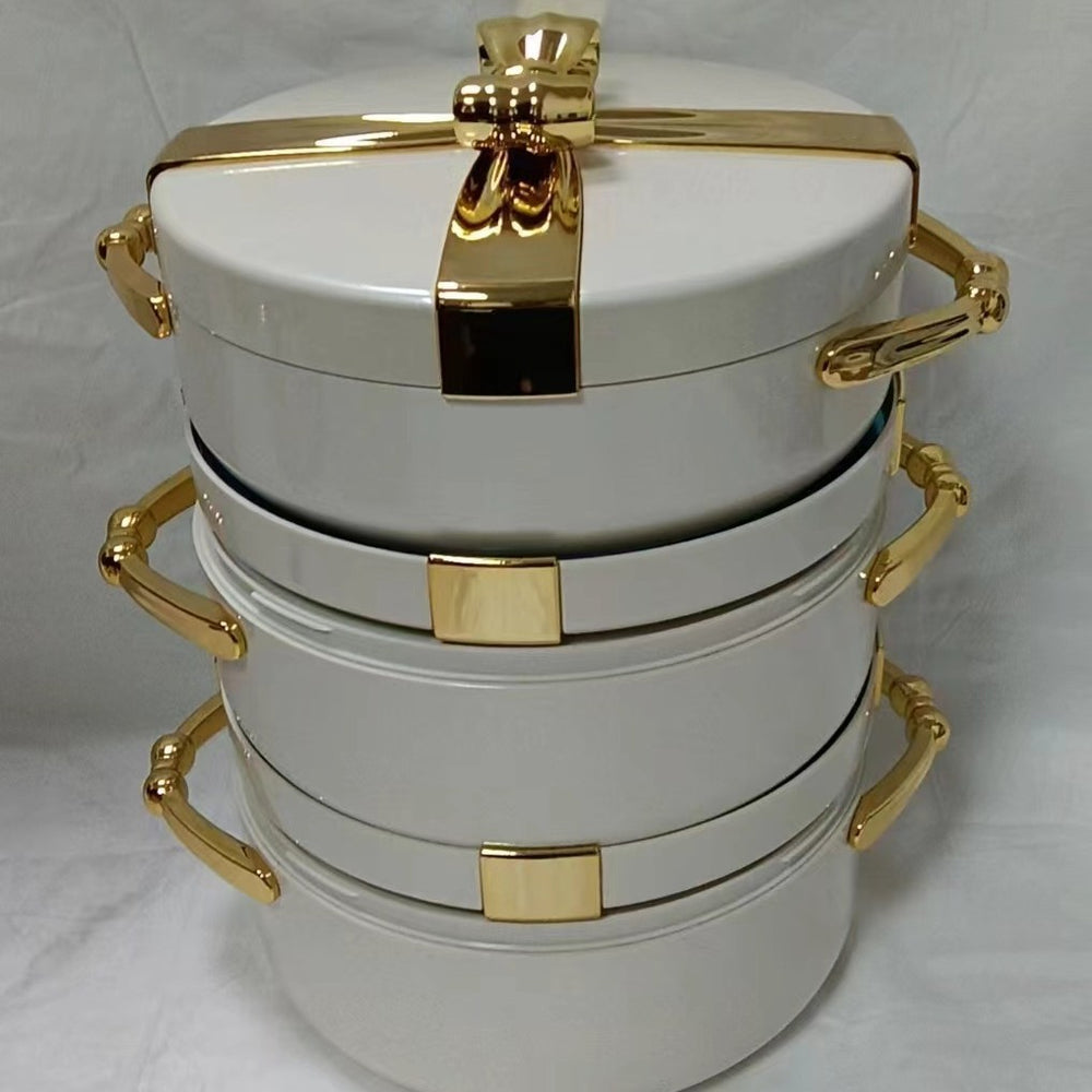 Hot-selling export-grade gold-rimmed gift food container with insulated box, available in 2.5l, 3l, and 3.5l sizes. the perfect insulated tableware gift set