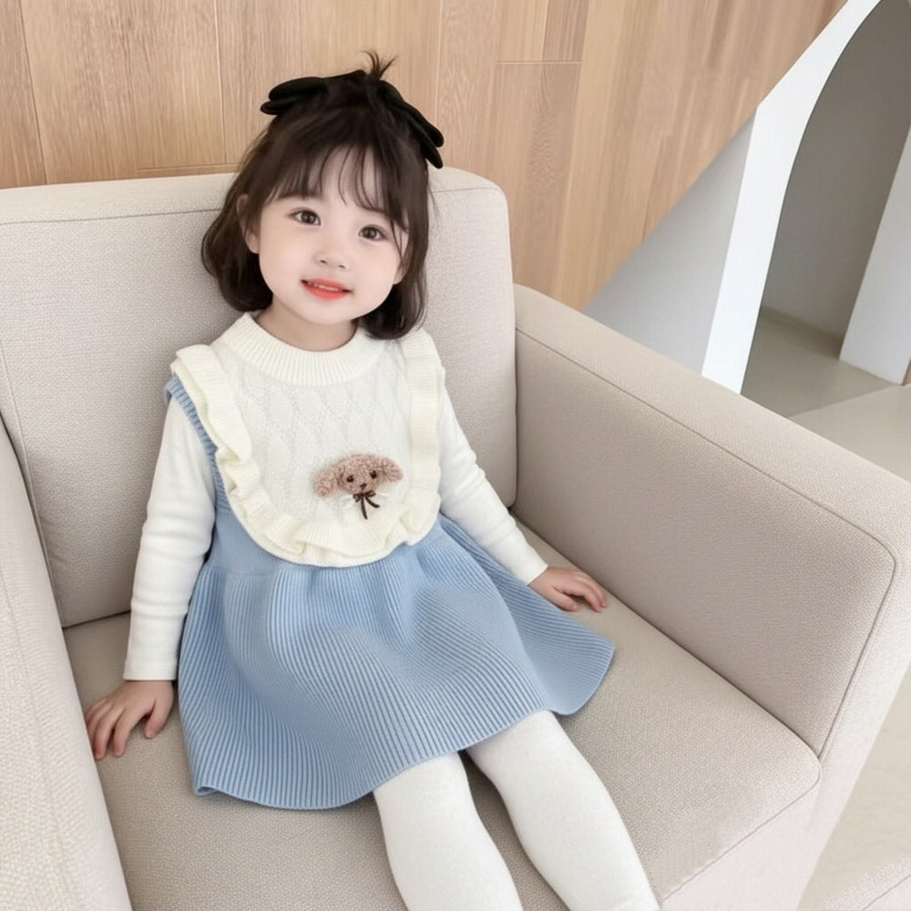 Spring new arrival: sweet cartoon knitted vest dress for little girls