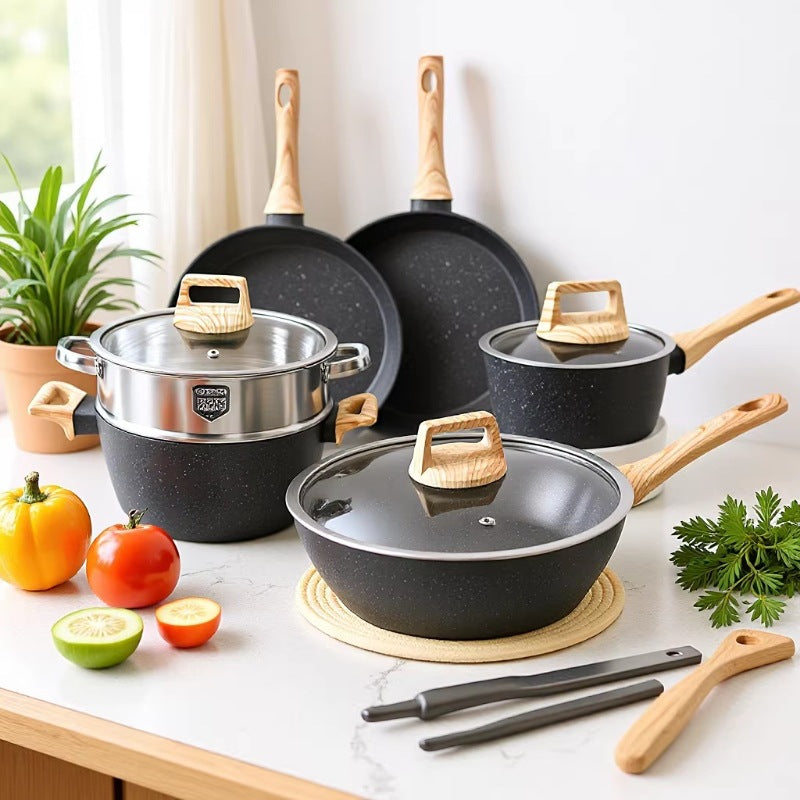 Medical stone combination for home pot set 12pcs steaming, cooking, stewing and frying set pot neutralinduction cooker non-stick pot suit