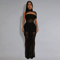 C7492 cross-border   fashion women's sexy see-through mesh sleeveless evening dress
