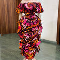European and american cross-border women's fashion:  autumn/winter new arrival - elegant off-the-shoulder printed ruffle trim slimming dress