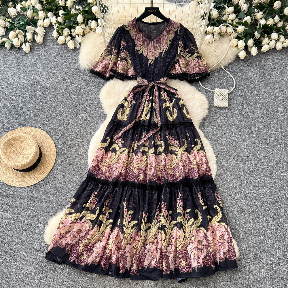 French riviera style printed short-sleeve pleated dress - women's summer v-neck, cinched waist, tie-up maxi dress - high-end, slimming fit